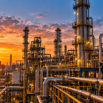 Industrial process unit with distillation columns and piping