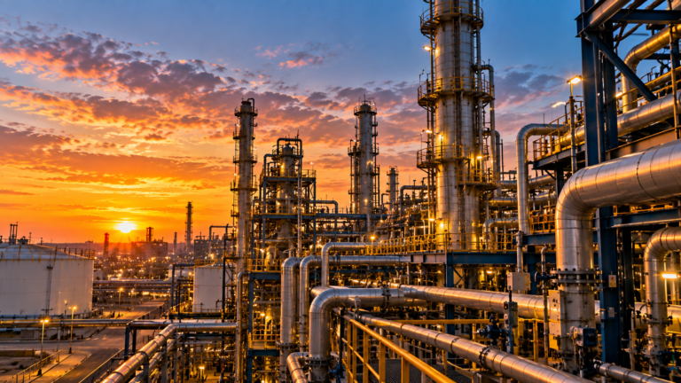 Industrial process unit with distillation columns and piping