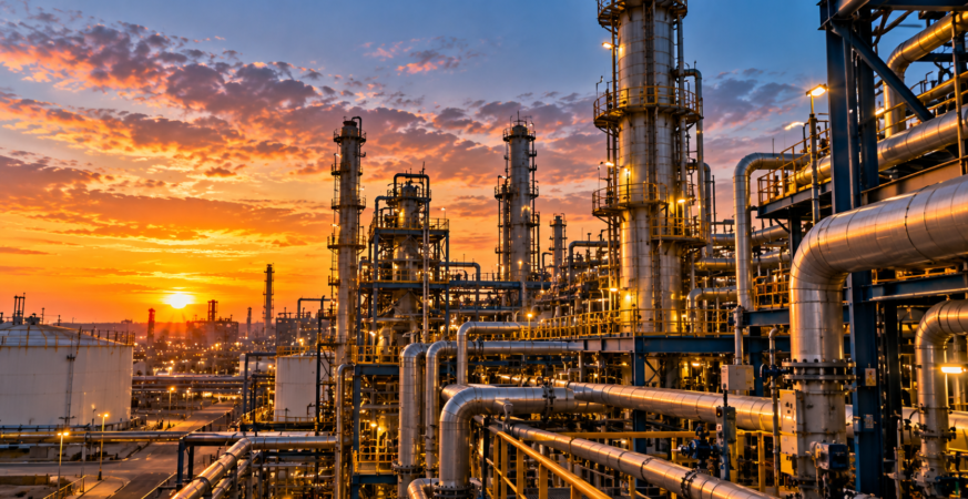 Industrial process unit with distillation columns and piping
