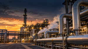 Industrial steam piping and process equipment at an industrial plant