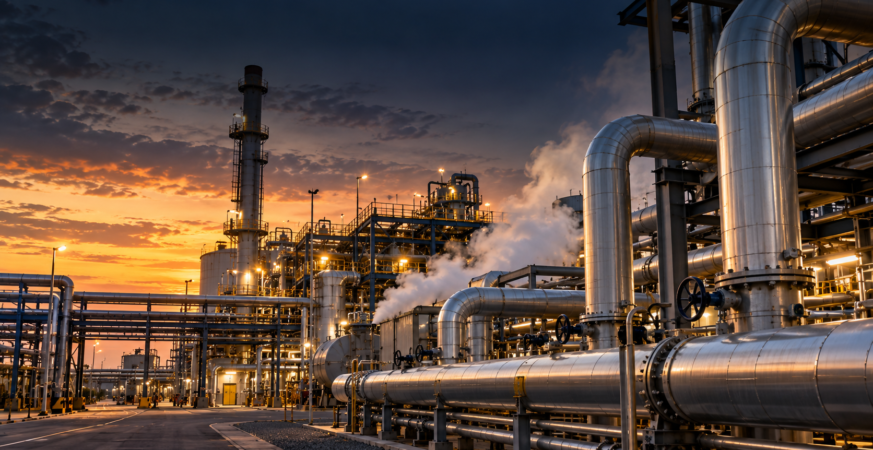 Industrial steam piping and process equipment at an industrial plant