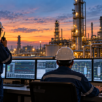 Plant operators monitoring an industrial facility with process units and piping