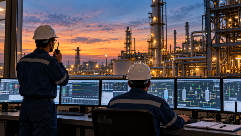 Plant operators monitoring an industrial facility with process units and piping