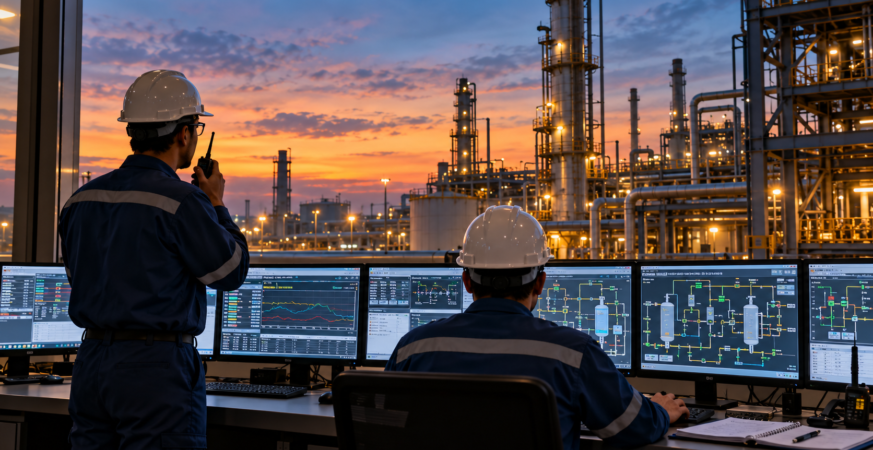 Plant operators monitoring an industrial facility with process units and piping