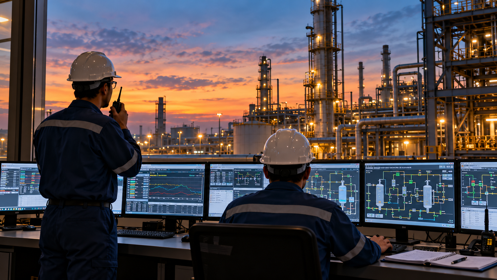 Plant operators monitoring an industrial facility with process units and piping