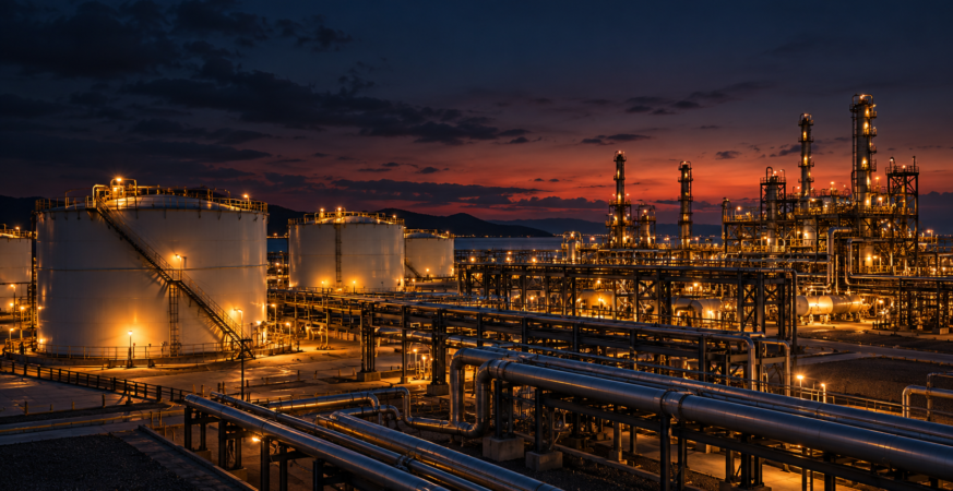 Industrial tank farm with storage tanks and process piping