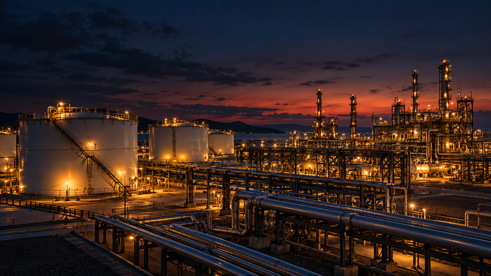 Industrial tank farm with storage tanks and process piping